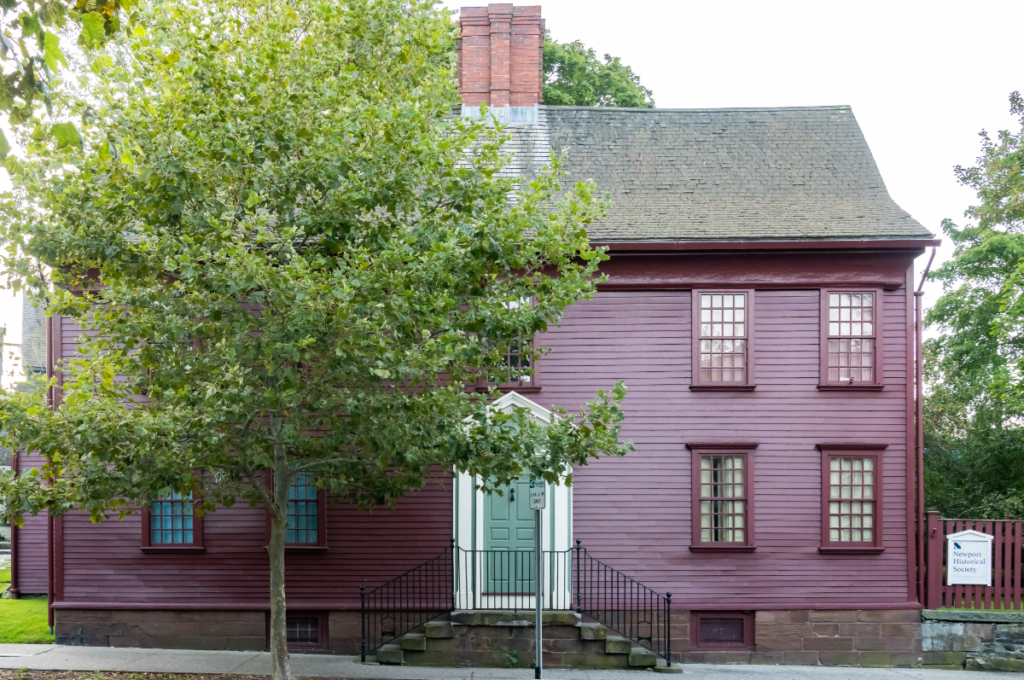 A view of the Wanton-Lyman-Hazard House in Newport, Rhode Island. A sign reads "Newport Historical Society."